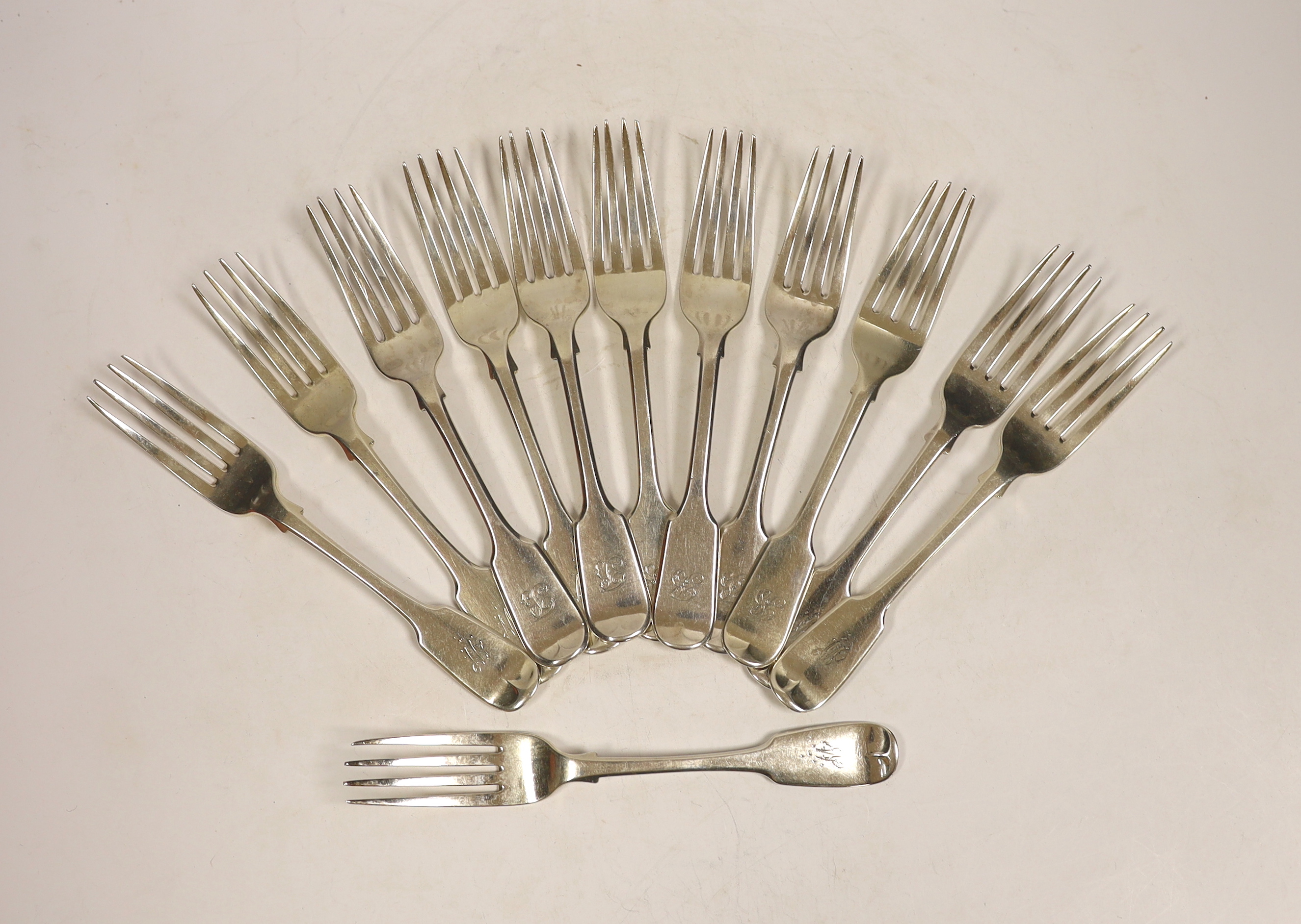 A set of six Victorian silver fiddle pattern table forks, Hayne & Cater, London, 1845, 20.1 and a set of six Victorian provincial silver table forks, Reid & Sons, Newcastle, 1842, 31.1oz.